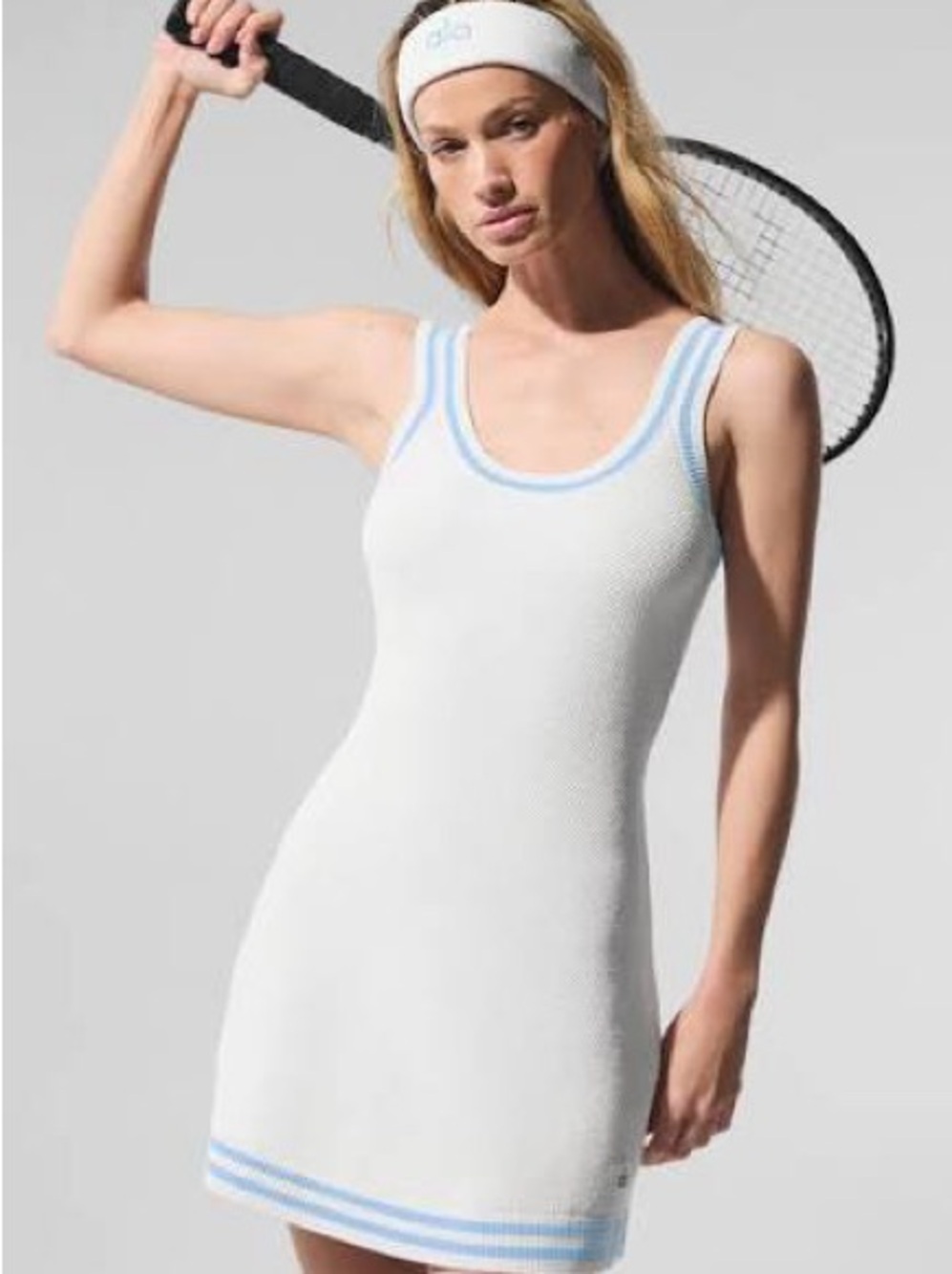 Alo Yoga White Seashell Blue Sweater Dress